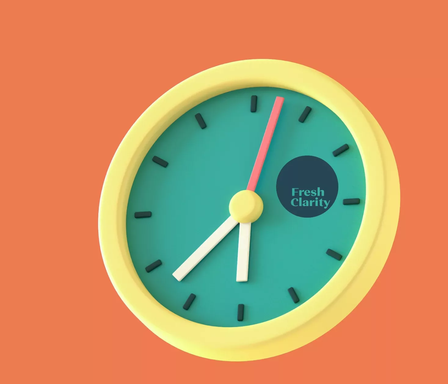 Illustrated clock with a yellow frame and teal face showing black hour markers, set against an orange background, with Fresh Clarity branding on the clock face.”